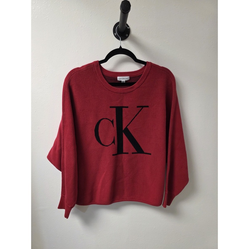 Calvin Klein Jeans Red Sweater Womens XL Logo CK Pullover Long Sleeve‎ - Cotton